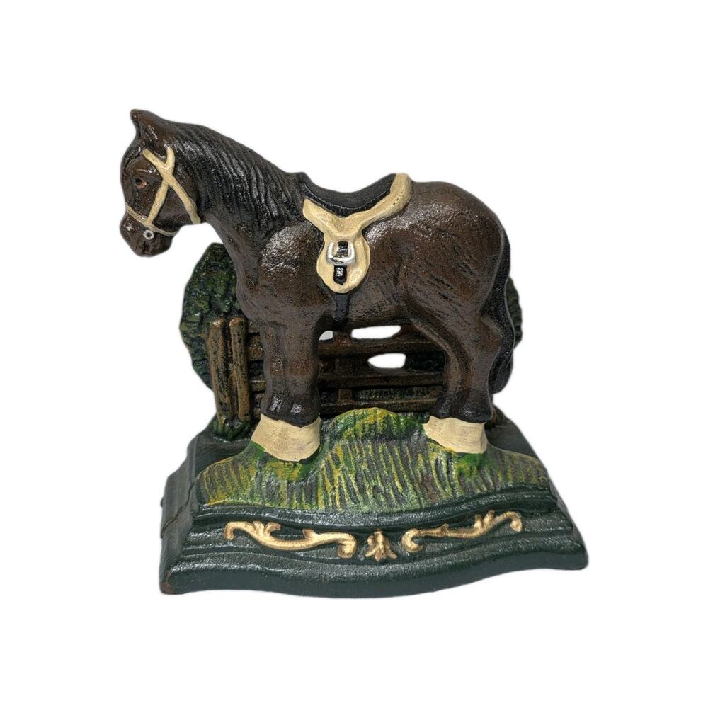 Horse Cast Iron Door Stop Hand Painted Vintage Equestrian Farm
